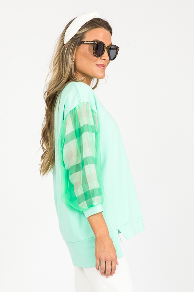 Mesh Gingham Sleeves Top, Mint