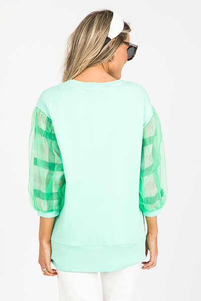 Mesh Gingham Sleeves Top, Mint