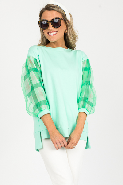 Mesh Gingham Sleeves Top, Mint