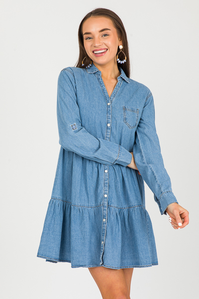 Pearl Snap Tier Dress, Denim - New Arrivals - The Blue Door Boutique