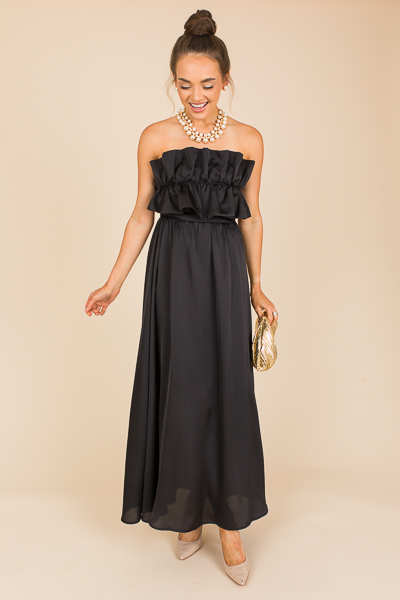 Strapless Ruffle Satin Maxi, Black