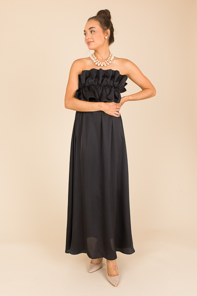 Strapless Ruffle Satin Maxi, Black