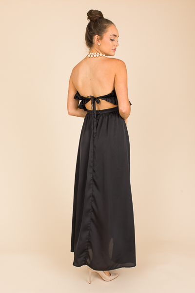 Strapless Ruffle Satin Maxi, Black