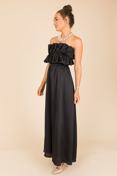 Strapless Ruffle Satin Maxi, Black