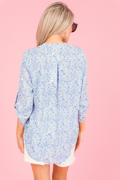 Tab Sleeve Blouse, Blue Paisley