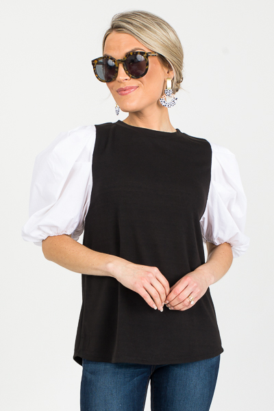 Contrast Puff Sleeve Top, Black