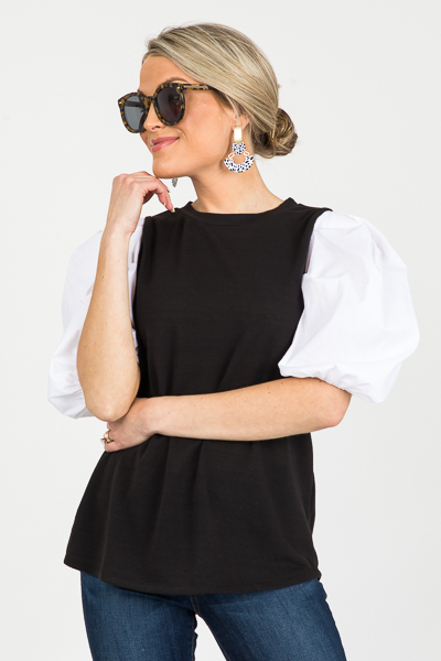 Contrast Puff Sleeve Top, Black