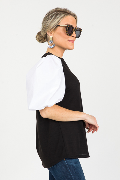 Contrast Puff Sleeve Top, Black