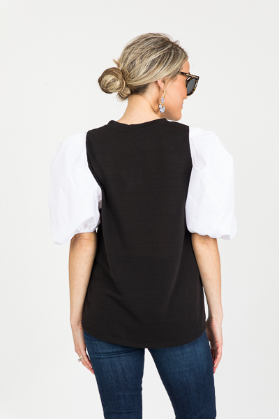 Contrast Puff Sleeve Top, Black