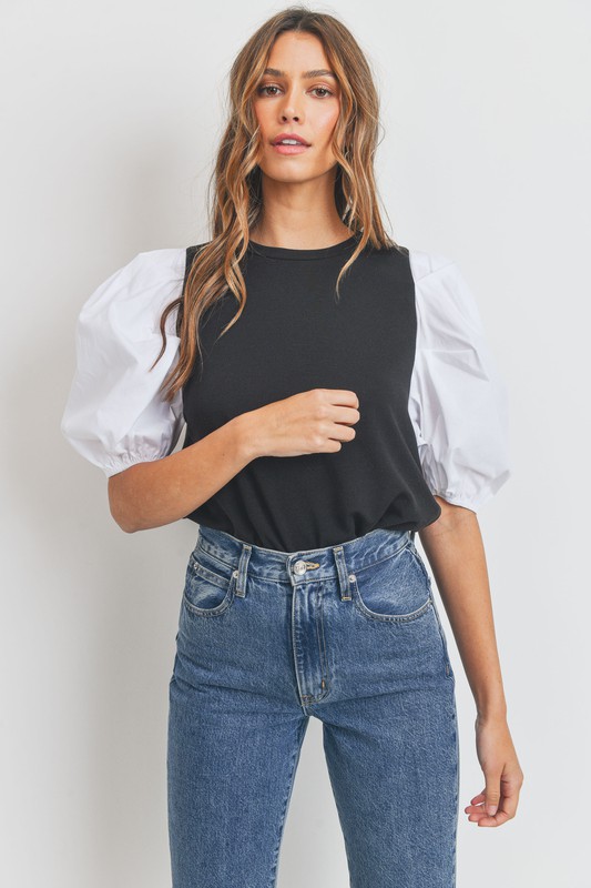 Contrast Puff Sleeve Top, Black