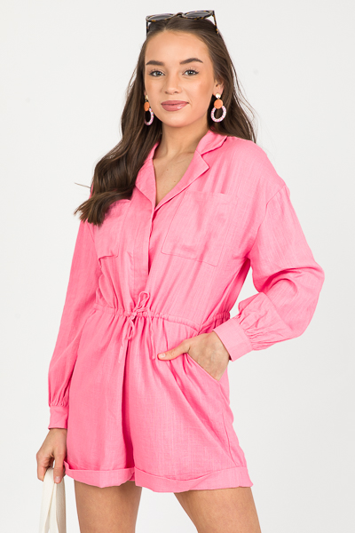 Linen Draw Waist Romper, Pink