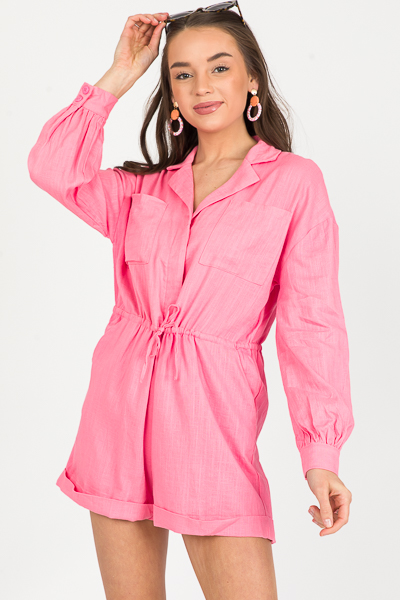 Linen Draw Waist Romper, Pink