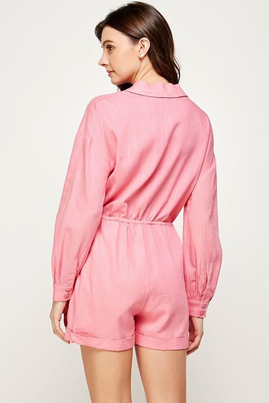 Linen Draw Waist Romper, Pink