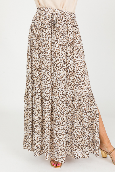 Slit Leopard Maxi Skirt, Cream