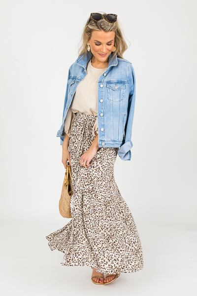 Slit Leopard Maxi Skirt, Cream