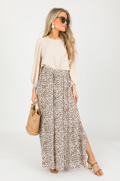 Slit Leopard Maxi Skirt, Cream