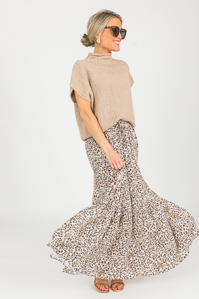 Slit Leopard Maxi Skirt, Cream