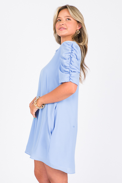 Ruched Sleeve Dress, Light Blue