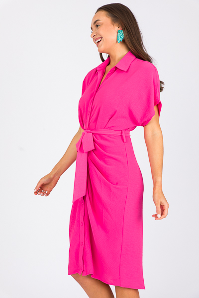 Belted Button Down Midi, Hot Pink