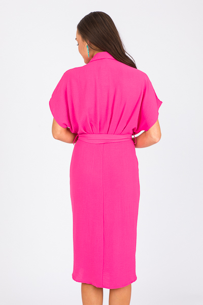 Belted Button Down Midi, Hot Pink