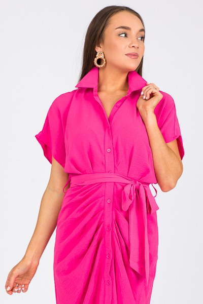 Belted Button Down Midi, Hot Pink