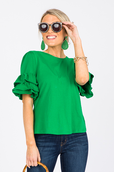 Triple Ruffle Knit Top, Kelly Green