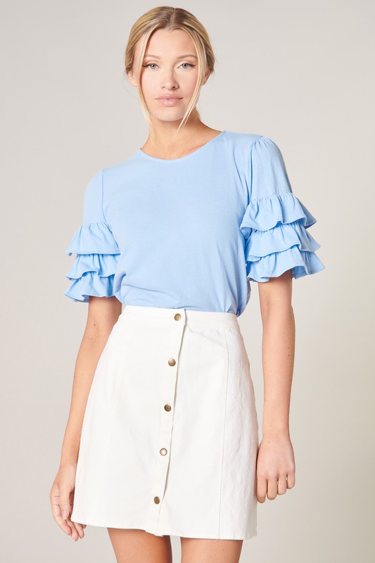 Triple Ruffle Knit Top, Baby Blue