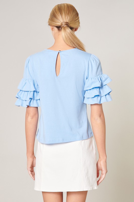 Triple Ruffle Knit Top, Baby Blue