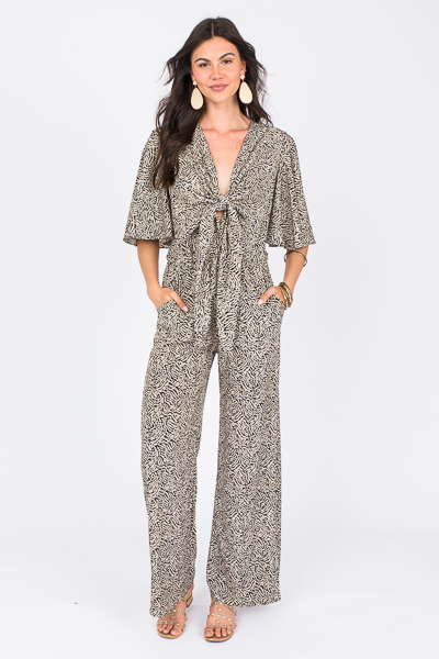 Tie Front Printed Jumpsuit, Taupe