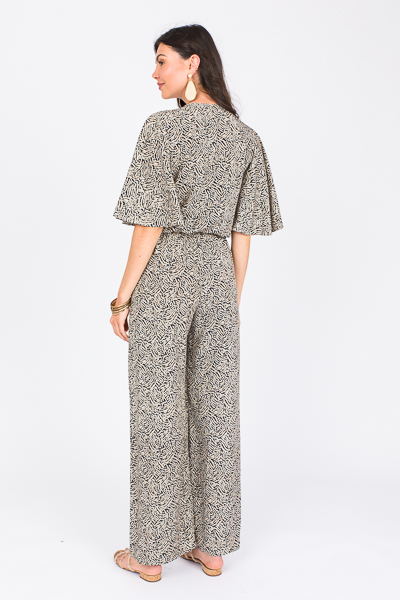Tie Front Printed Jumpsuit, Taupe