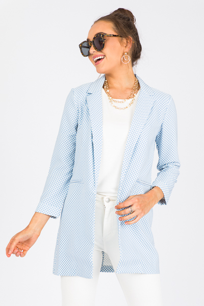 Grid Long Blazer, Sky Blue