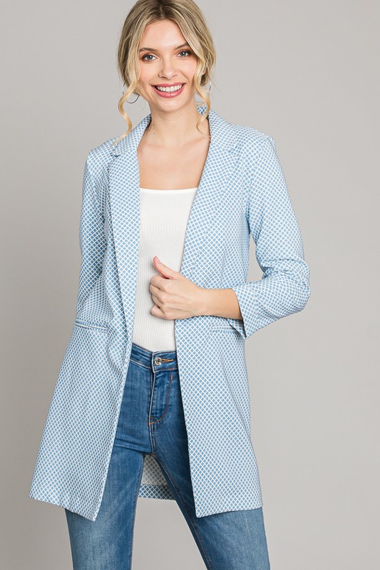 Grid Long Blazer, Sky Blue