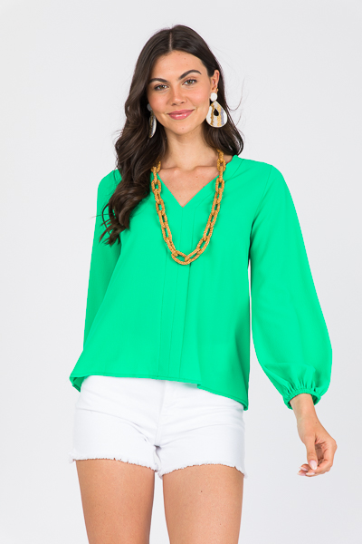 Solid V-Neck Blouse, Emerald