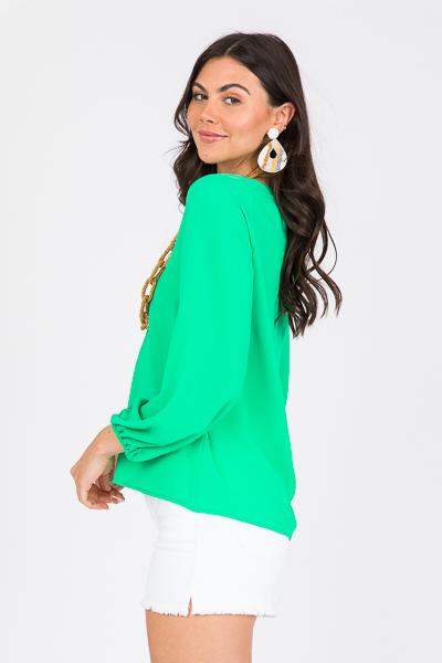 Solid V-Neck Blouse, Emerald