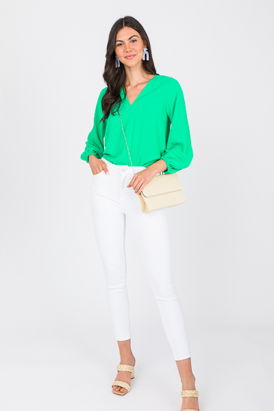 Solid V-Neck Blouse, Emerald