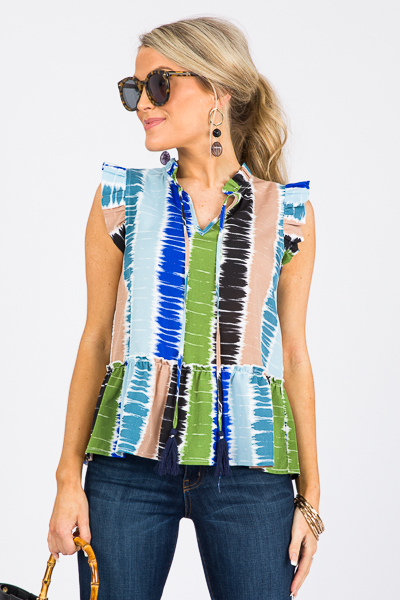 Dyed Stripes Ruffle Top, Blue