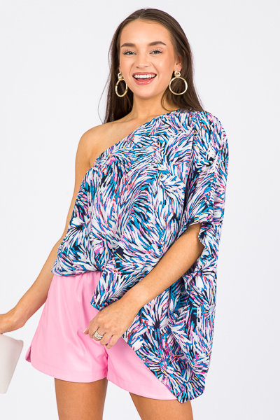 Feather One Shoulder Top, Turquoise