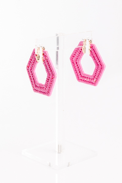 Hexagon Raffia Hoops, Hot Pink