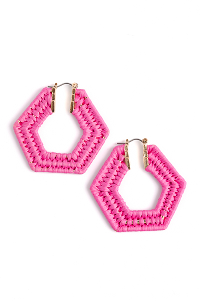 Hexagon Raffia Hoops, Hot Pink