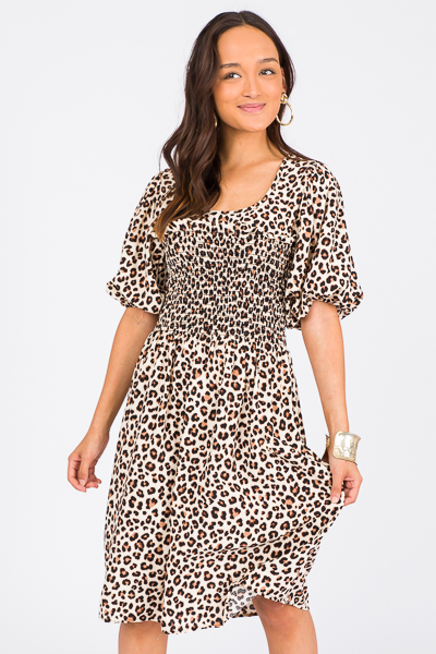 Smock Cheetah Dress, Taupe