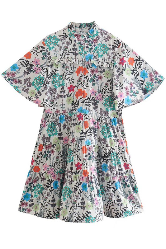 Half Button Flowers Dress, Multi