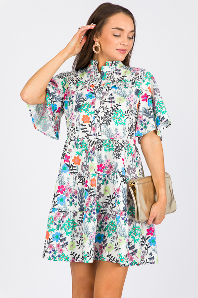 Half Button Flowers Dress, Multi