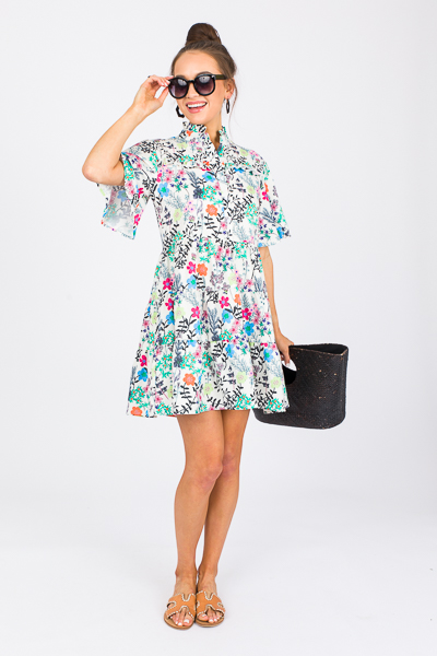 Half Button Flowers Dress, Multi