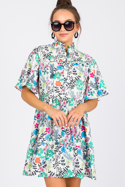 Half Button Flowers Dress, Multi