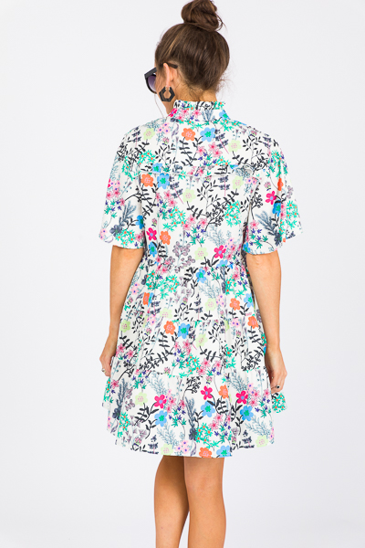 Half Button Flowers Dress, Multi