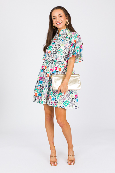 Half Button Flowers Dress, Multi