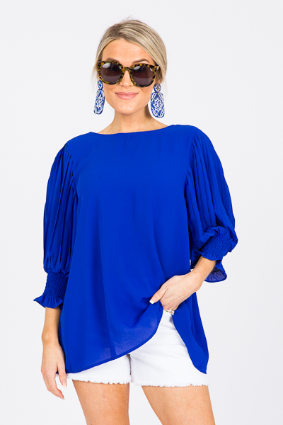 Pleated Sleeves Blouse, Royal - New Arrivals - The Blue Door Boutique