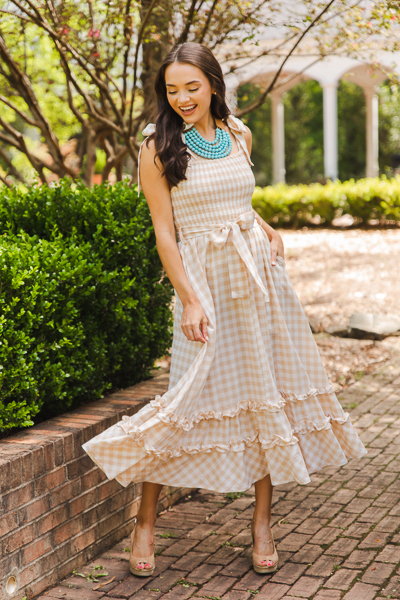 Belted Gingham Maxi, Taupe