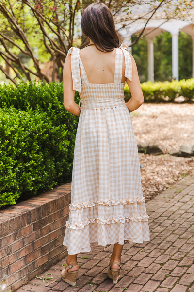 Belted Gingham Maxi, Taupe