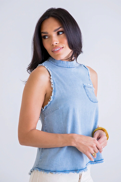 Frayed Chambray Tank, Blue